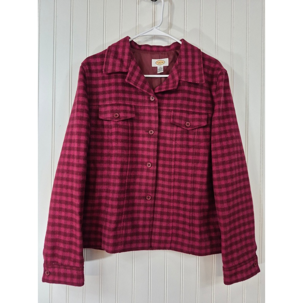 Vintage Talbots Magenta Burgundy Gingham Wool Blend Button Front Jacket Size 14